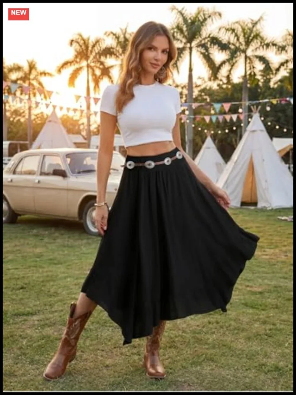Women's Western Cowgirl Asymmetrical High Low Midi Skirt with Ruffles
